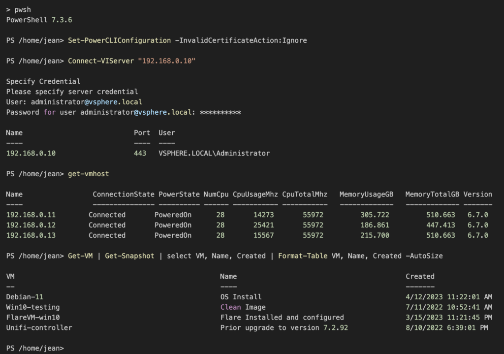 Summary showing how to connect to vCenter, list hosts, list snapshots.